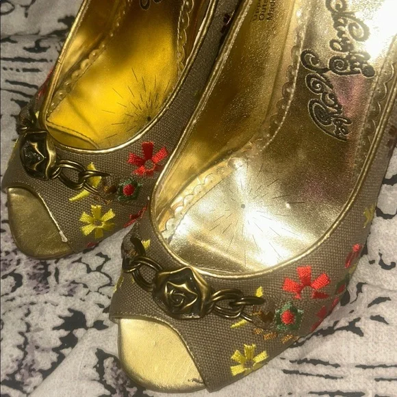 Y2K Naughty Monkey Flower embroidery Floral Peep Toe Heels Spring Wood - Picture 2 of 6